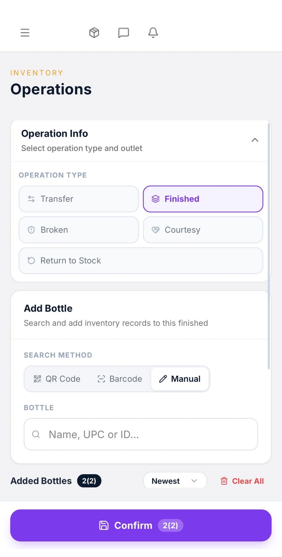 Operations screen in the Allie's app, marking bottles as finished